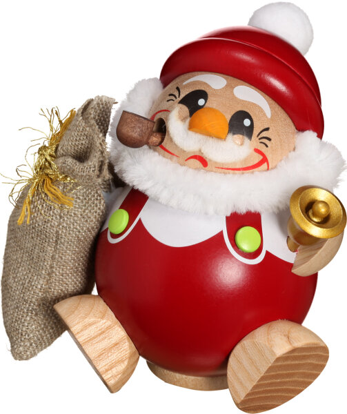 Kugelräucherfigur Weihnachtsmann mit Sack und Glocke, Räuchermännchen, 11cm, Seiffener Volkskunst