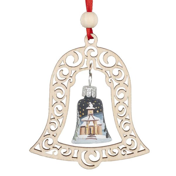 Baumbehang Ornamentglocke mit handbemalter Glasglocke mit Seiffener Kirche, 9cm