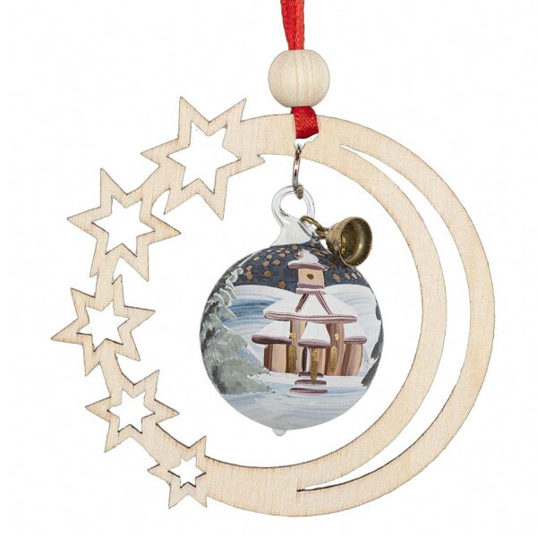 Baumbehang Sternenmond mit handbemalter Kugel mit Seiffener Kirche, 8cm