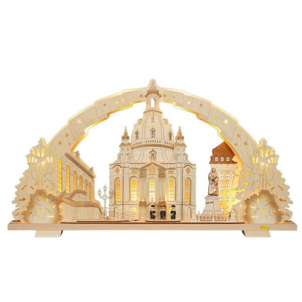 Schwibbogen Dresdener Frauenkirche mit Kurrendefiguren, mehrschichtig, indirekter Beleuchtung, 72cm